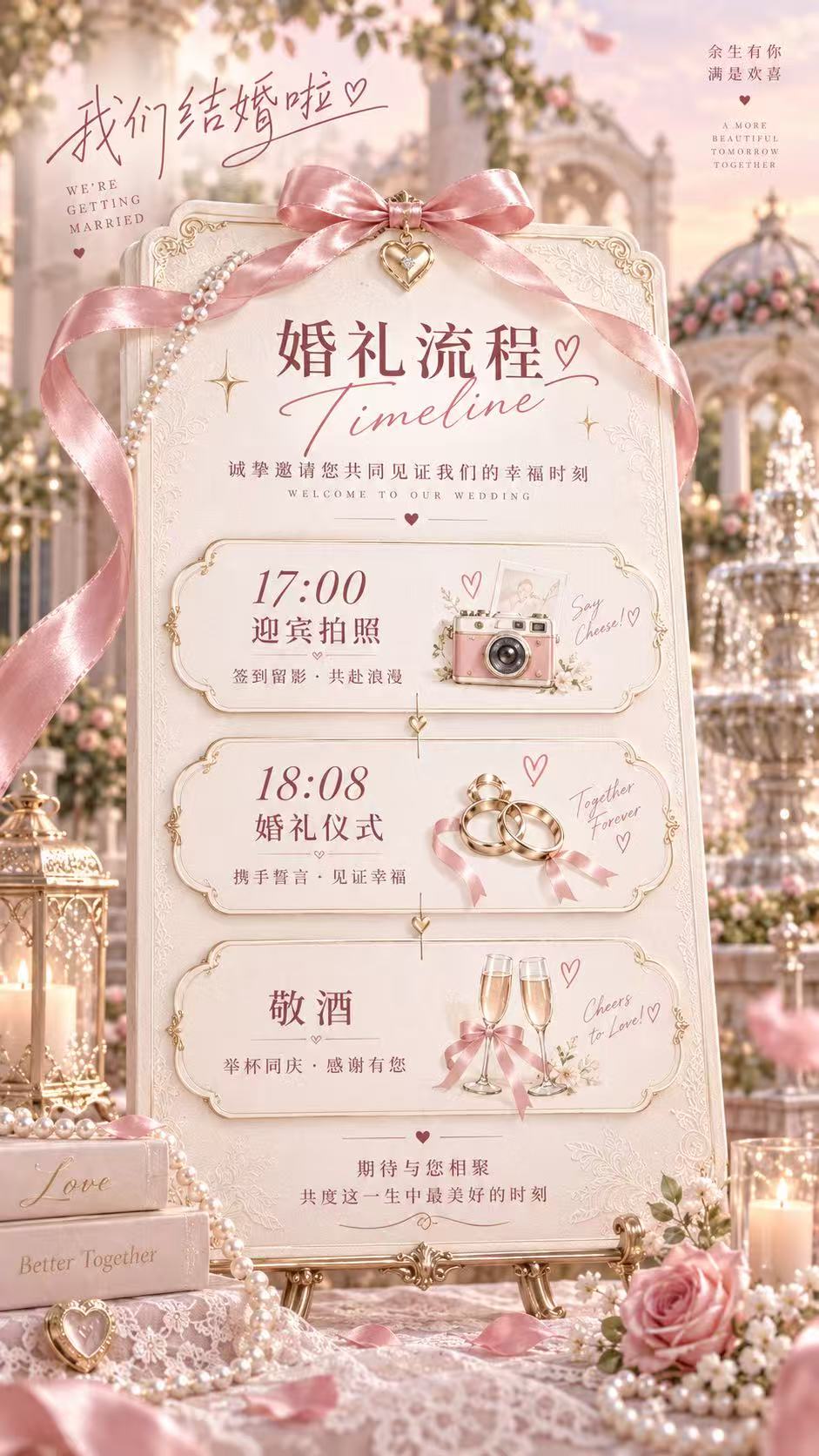 婚礼流程：17点迎宾拍照，18点08分婚礼仪式，敬酒